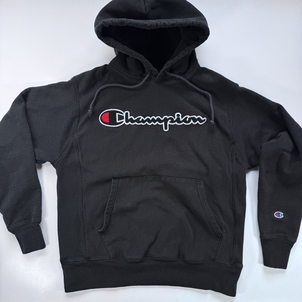 Vtg Champion Reverse Weave Hoodie Sweatshirt Medium Black Script‎ Logo Honduras